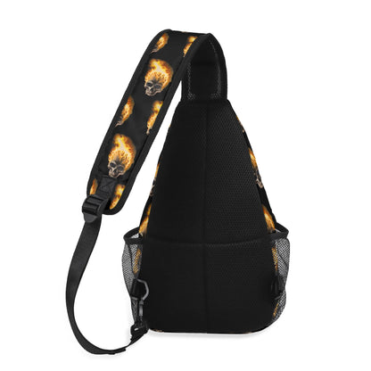 Skull Candy© Deluxe Premium Unisex World Traveler Comfort Chest Crossbody Bag with Adjustable Strap In Burning Skull