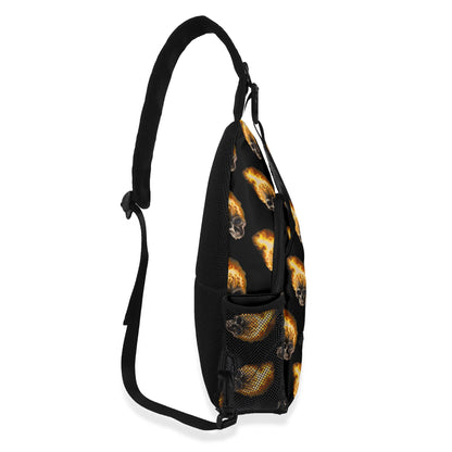 Skull Candy© Deluxe Premium Unisex World Traveler Comfort Chest Crossbody Bag with Adjustable Strap In Burning Skull