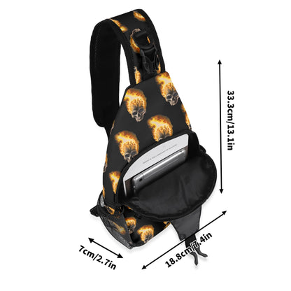 Skull Candy© Deluxe Premium Unisex World Traveler Comfort Chest Crossbody Bag with Adjustable Strap In Burning Skull