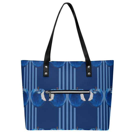 Apple Blue© Soft Lux PU Leather Tote Bag With Front Zipper Pocket In I Mean Business Nave Blue