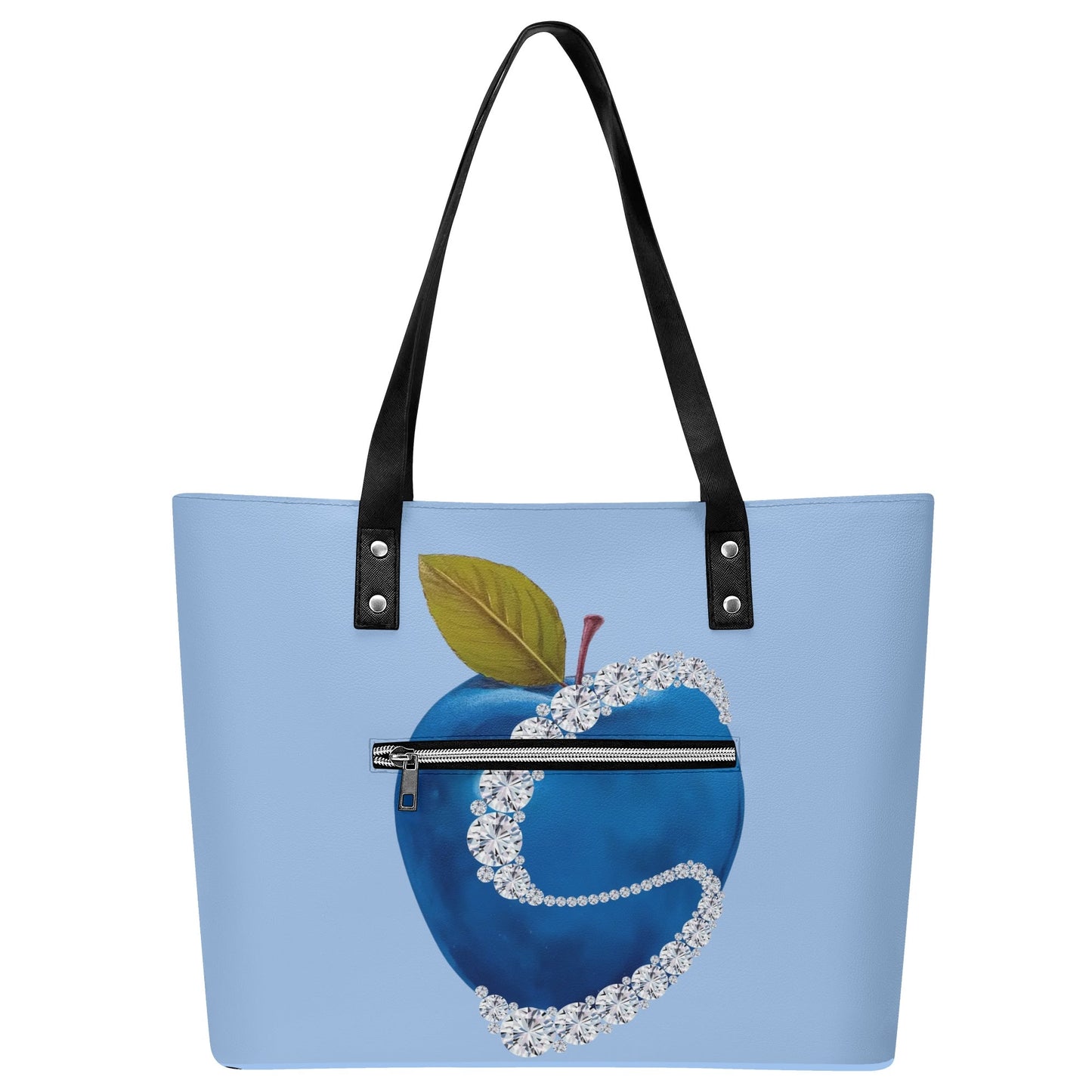 Apple Blue© Limited Edition Soft Lux PU Leather Tote Bag With Front Zipper Pocket In Sweet Mountain Bird Song Blue