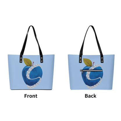 Apple Blue© Limited Edition Soft Lux PU Leather Tote Bag With Front Zipper Pocket In Sweet Mountain Bird Song Blue