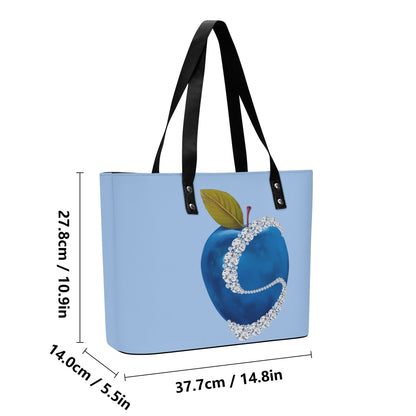 Apple Blue© Limited Edition Soft Lux PU Leather Tote Bag With Front Zipper Pocket In Sweet Mountain Bird Song Blue