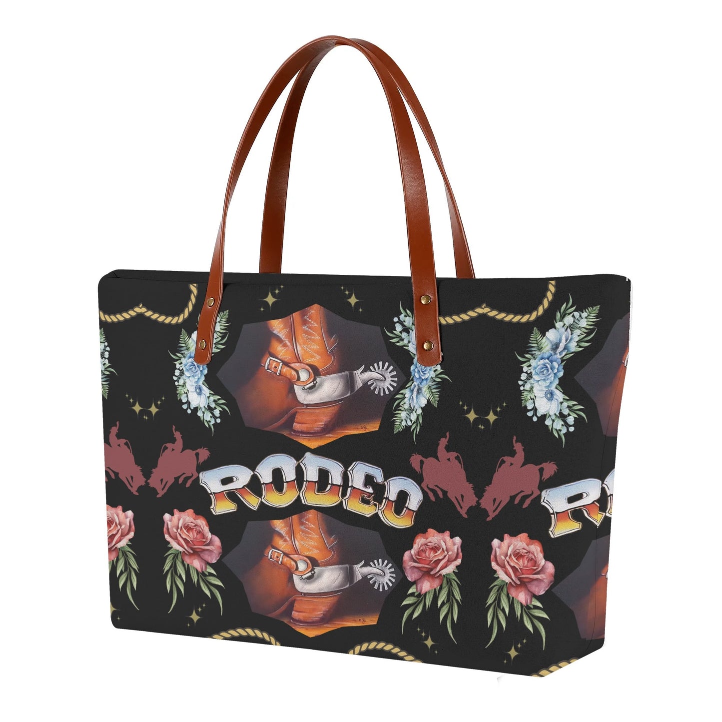 Rodeo© Country Western Leather Brown Handle Euro Soft Yes Please Luxturnal Lux PU Leather Tote Bag In Nightfall Saloon