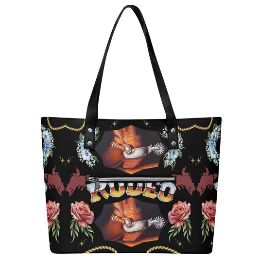 Rodeo© Country Western Euro Soft PU Leather Tote Bag with Front Zipper Pocket In Dark Knight