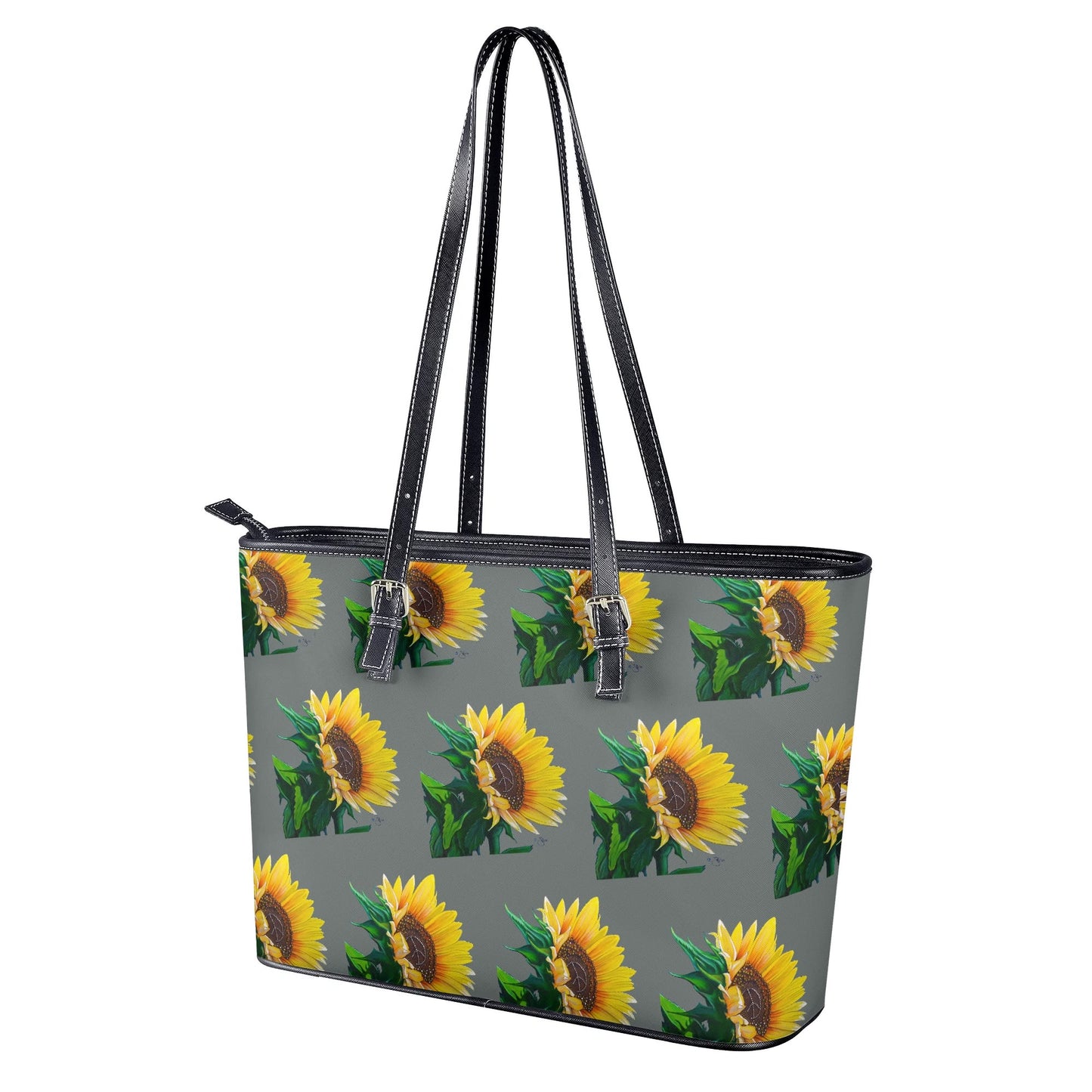 Sunflower Of Peace© Limited Edition Deluxe Euro Soft PU Leather Tote Bag In Silver Swan Gray