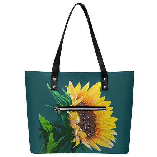 Sunflower Of Peace© Euro Soft PU Leather Tote Bag with Front Zipper Pocket In Elegance Emerald River Green