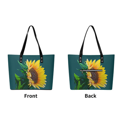 Sunflower Of Peace© Euro Soft PU Leather Tote Bag with Front Zipper Pocket In Elegance Emerald River Green