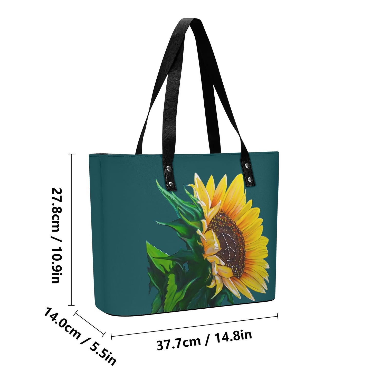 Sunflower Of Peace© Euro Soft PU Leather Tote Bag with Front Zipper Pocket In Elegance Emerald River Green