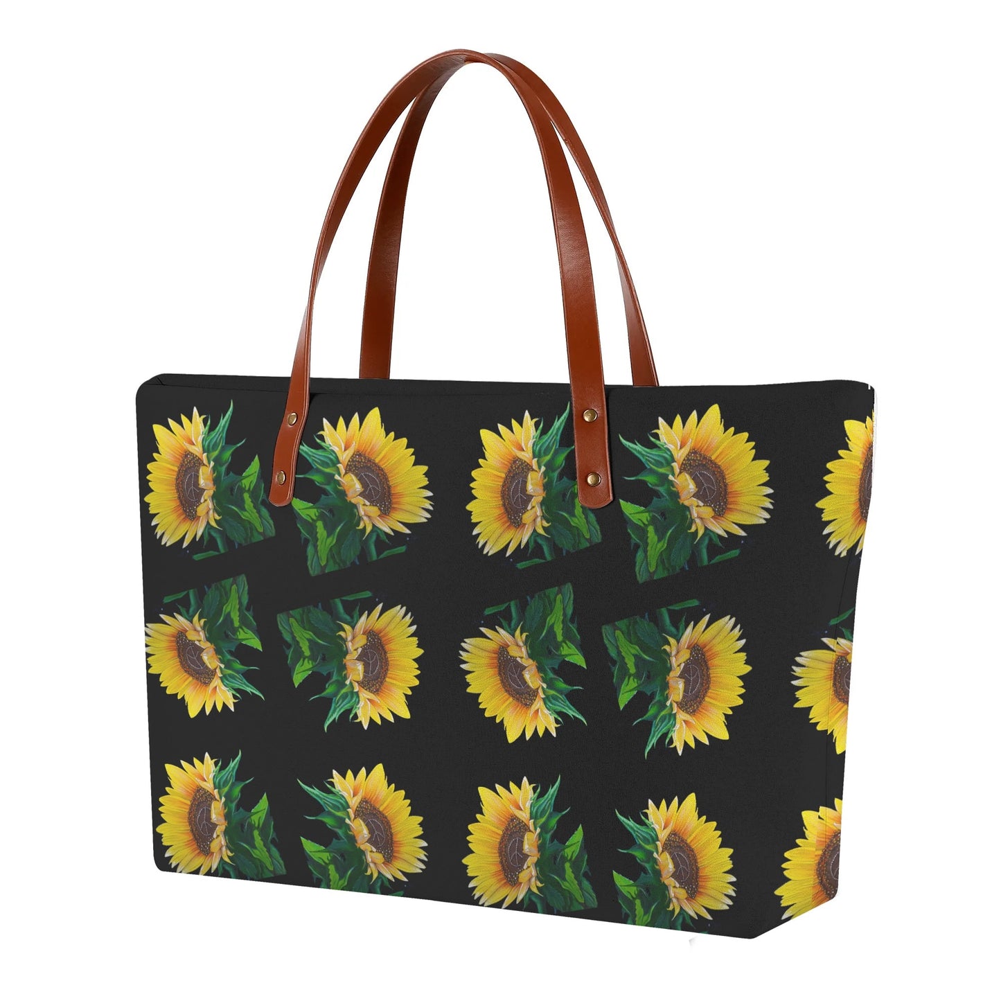 Sunflower Of Peace© Super Soft European PU Leather Comfort Tote Bag With Zip Closure In Midnight