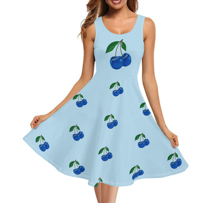 Blue Cherry© Luxturnal© Soft Womens Sleeveless A-Line Flare Sundress Up To 4XL In Delicate Morning Spring River Blue Cherry Pie