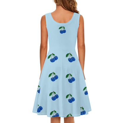 Blue Cherry© Luxturnal© Soft Womens Sleeveless A-Line Flare Sundress Up To 4XL In Delicate Morning Spring River Blue Cherry Pie