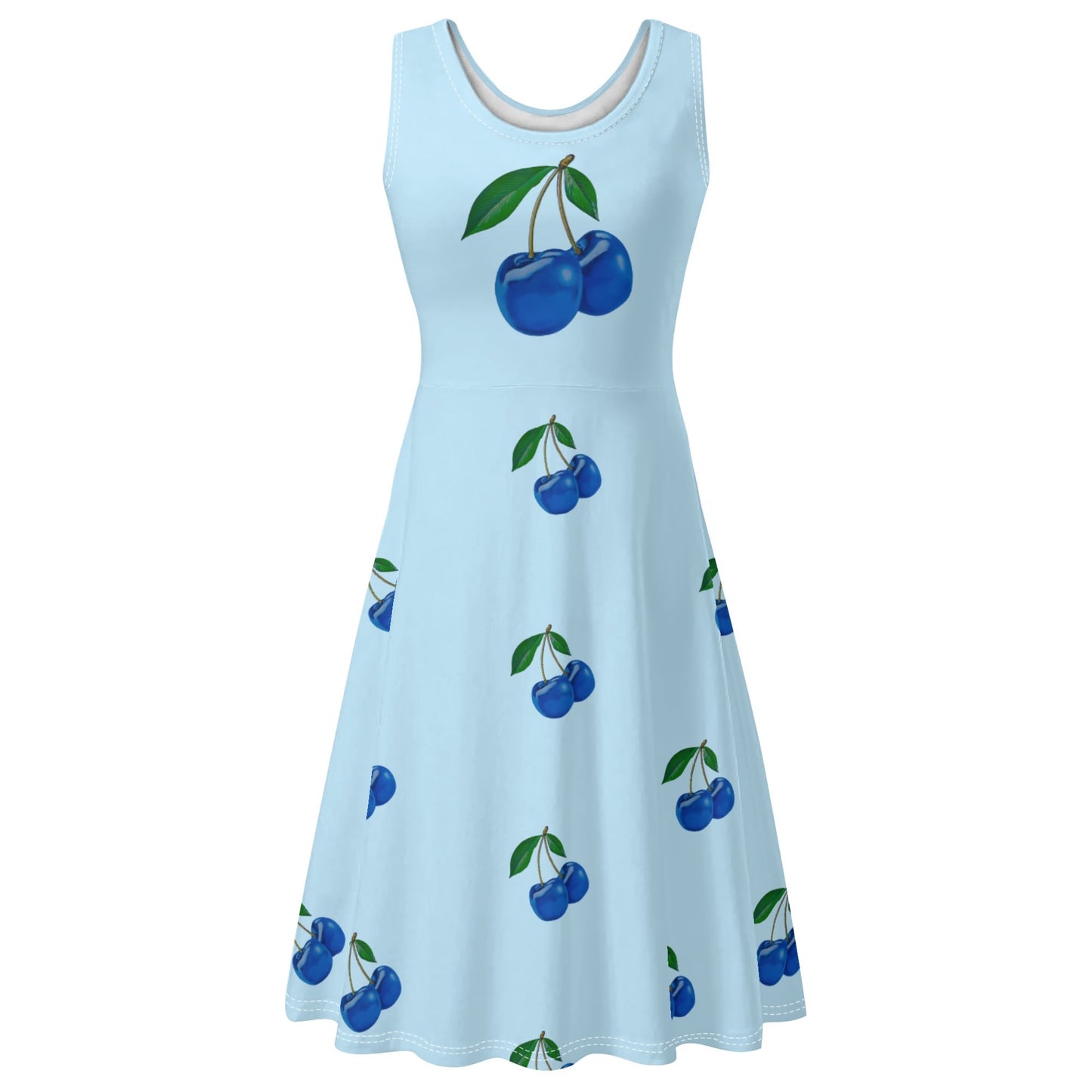 Blue Cherry© Luxturnal© Soft Womens Sleeveless A-Line Flare Sundress Up To 4XL In Delicate Morning Spring River Blue Cherry Pie