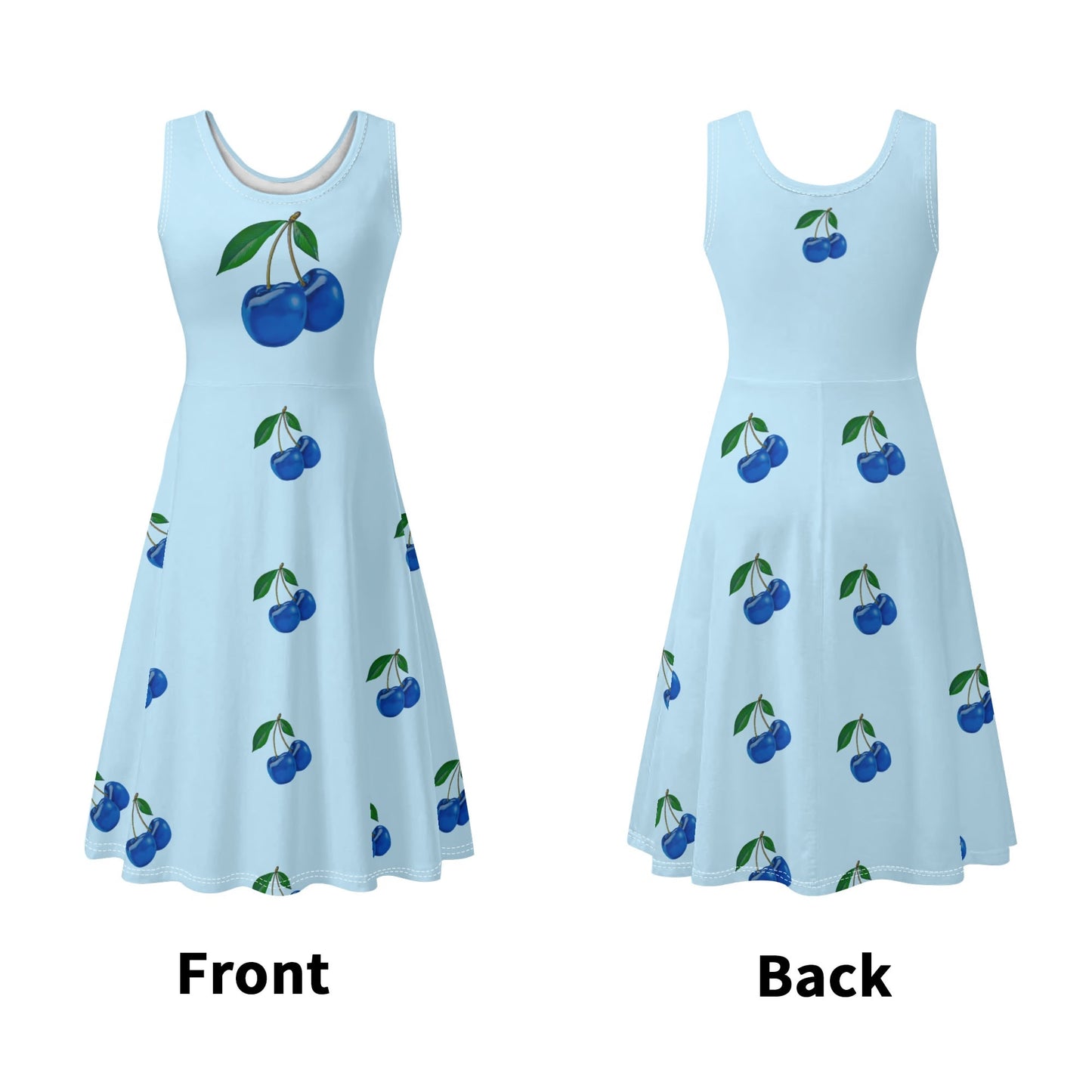 Blue Cherry© Luxturnal© Soft Womens Sleeveless A-Line Flare Sundress Up To 4XL In Delicate Morning Spring River Blue Cherry Pie