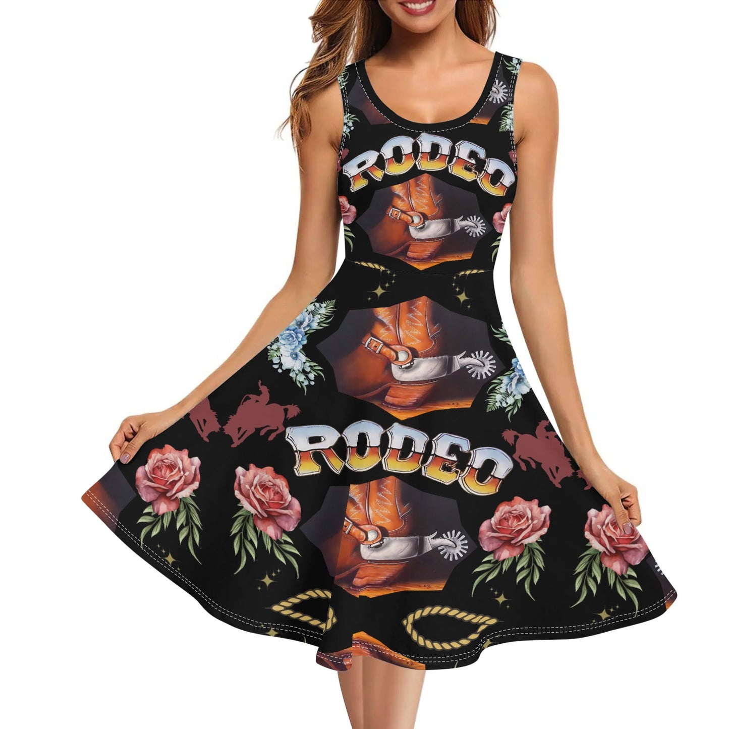 Rodeo© Luxturnal© Country Western Soft Womens Sleeveless A-Line Flare Sundress Up To 4XL