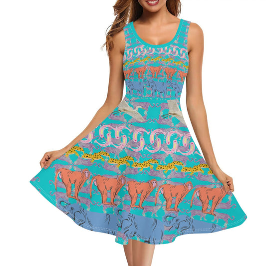 Animal Pyramid© Luxturnal© Room Soft Womens Sleeveless A-Line Flare Sundress Up To 4XL In Waterfall Wonder Safari