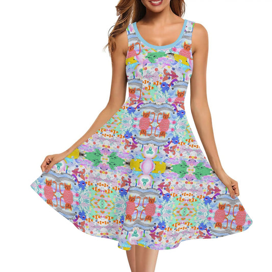 Ocean Dream© Luxturnal© Soft Womens Sleeveless A-Line Flare Sundress Up To 4XL In Cat Alien Disco