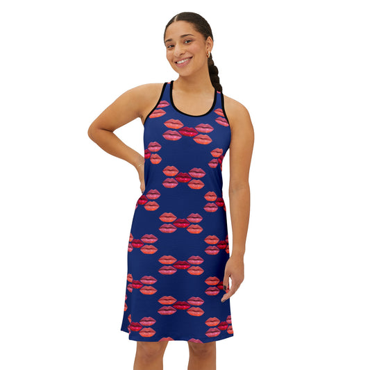 Lip Drip© Women's Deluxe All Day Super Soft Comfort Active Flex Easy Care Racerback Dress In   Navy Kisses French Royal