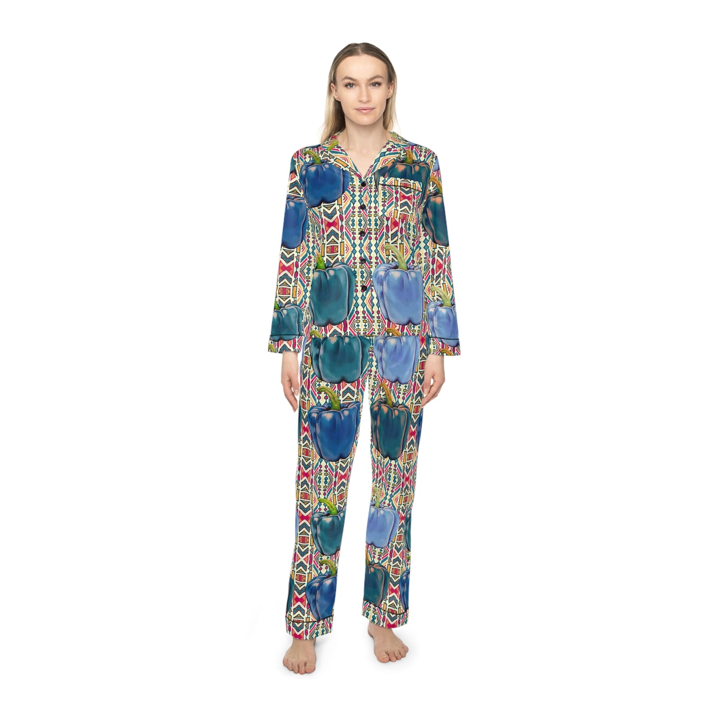 Pepper Blue© Women's European Silk Boutique Super Luxurious Premium Royal Satin Pajamas In Coastal Wine Party