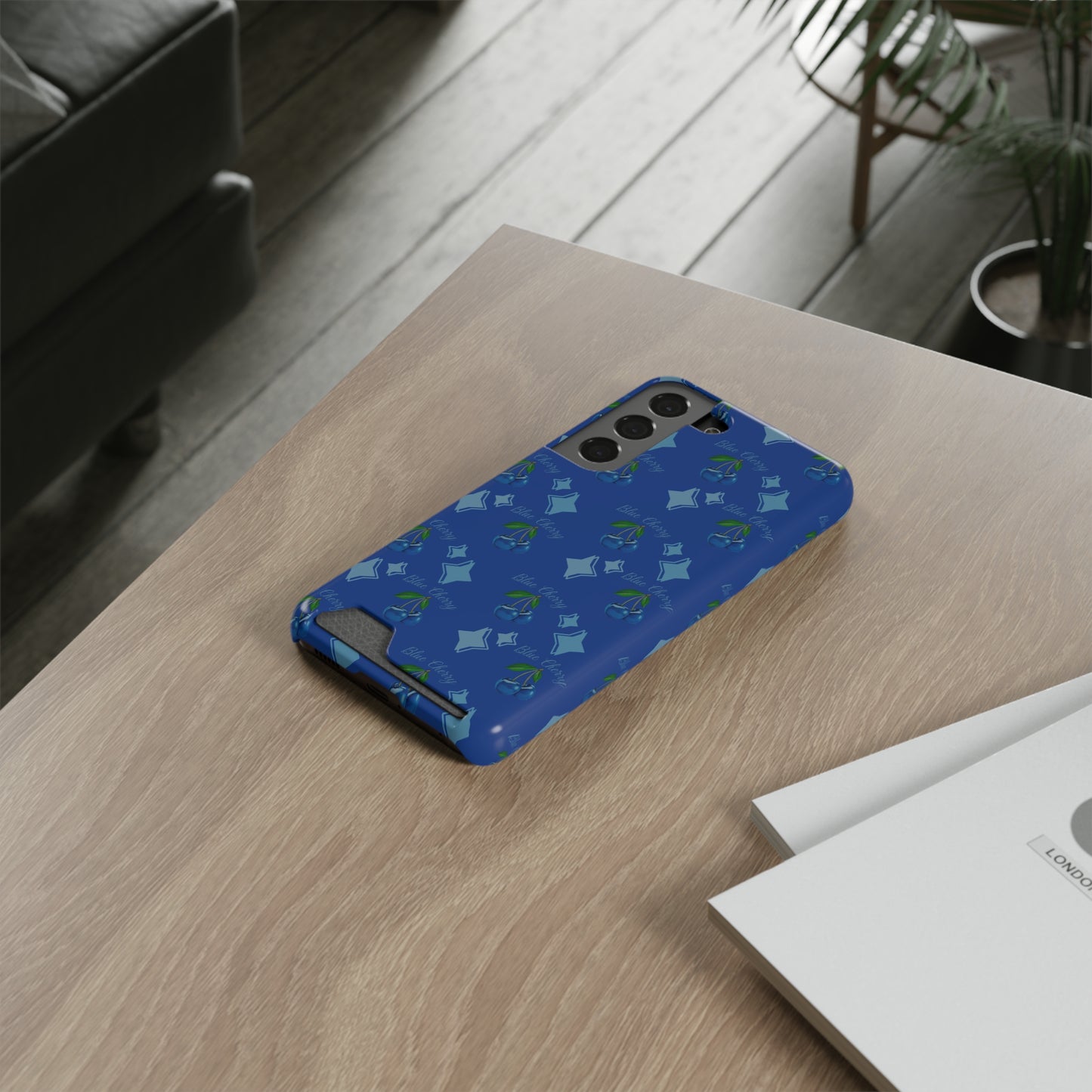 Blue Cherry© Limited Edition Slim Lightweight DuraFlex© Safe Impact Resistant Phone Case With Card Holder Compatible with iPhone 13, and Samsung Galaxy S21, S22 models